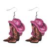 Ny rosa denimhatt i vestlig stil, øredobber med cowboystøvel-anheng, damesidige treøredobber