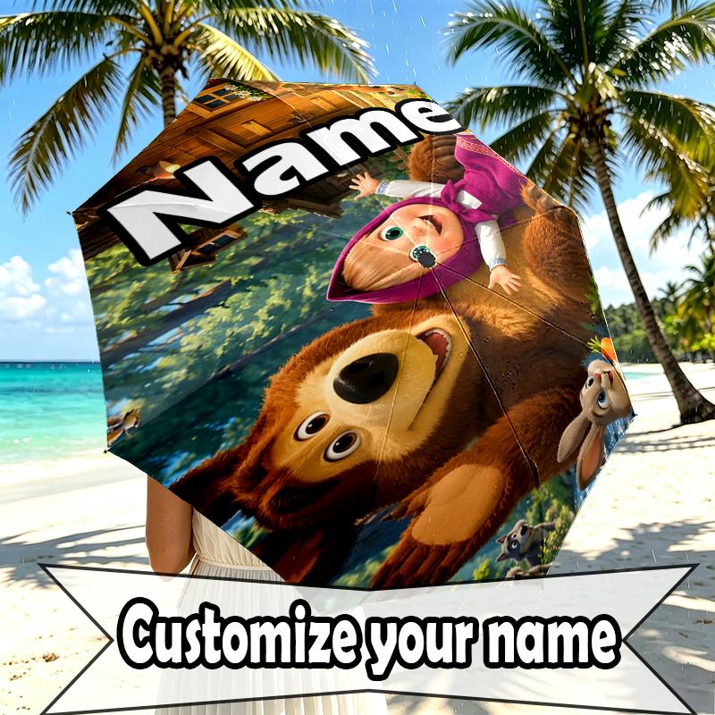 Custom Name Personalized Masha and The Bear Print Umbrella, Auto Open Close, 8‑Rib Sturdy Frame, Commute Camping Hiking Use, Birthday Gift