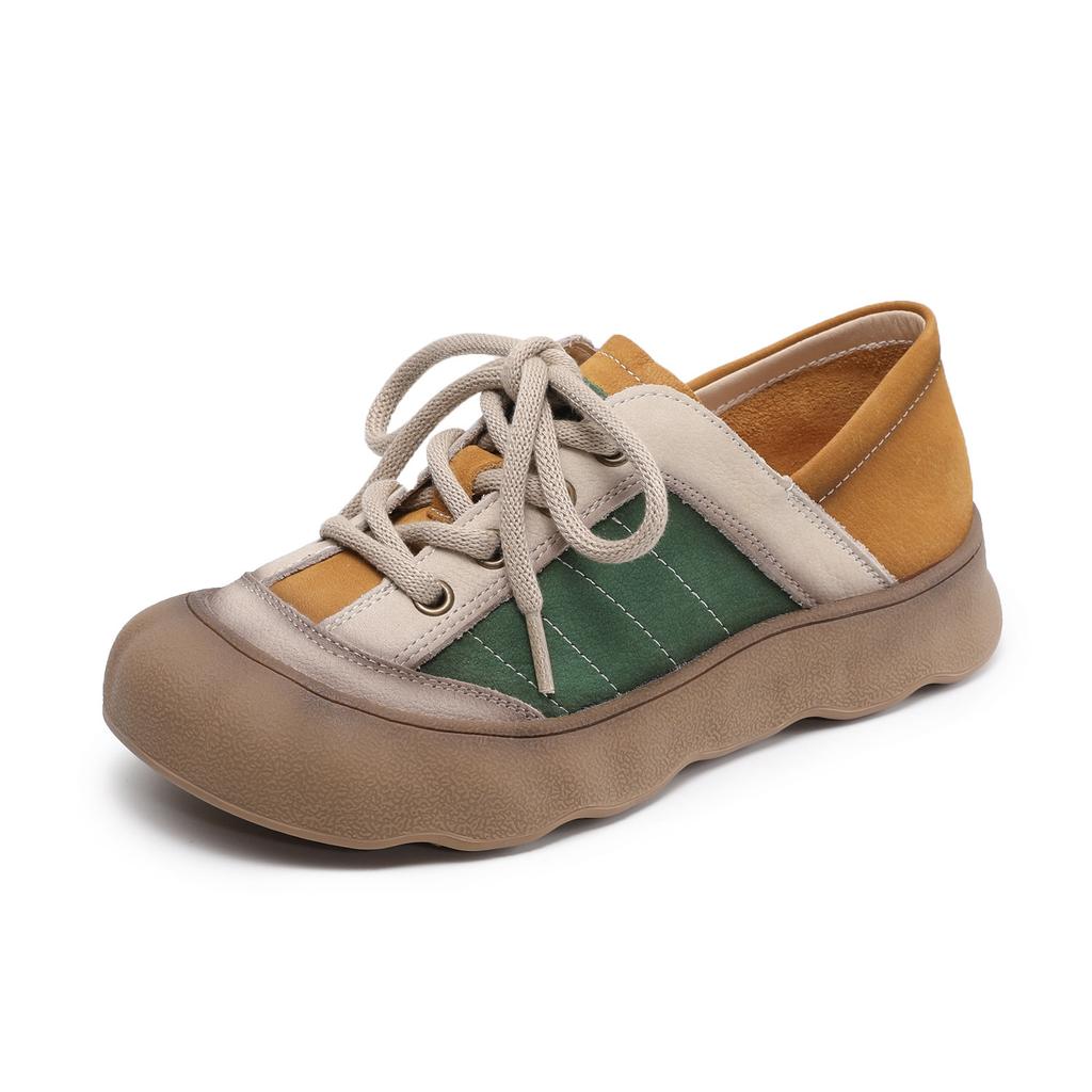 Johnature Genuine Leather Mixed Colors Casual Shoes Versatile Soft Soled Lace-up Flat Women's Shoes