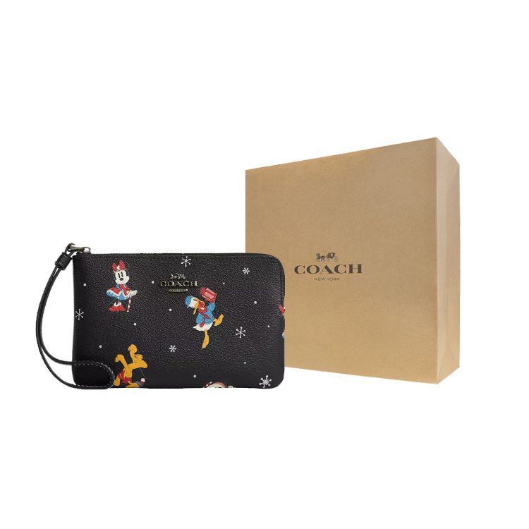 Coach X Disney Corner Zip 16 Collaboration Letter Logo Print Zippered Canvas And Leather Clutch Wallet Women Wallet Black CN031-QBM2