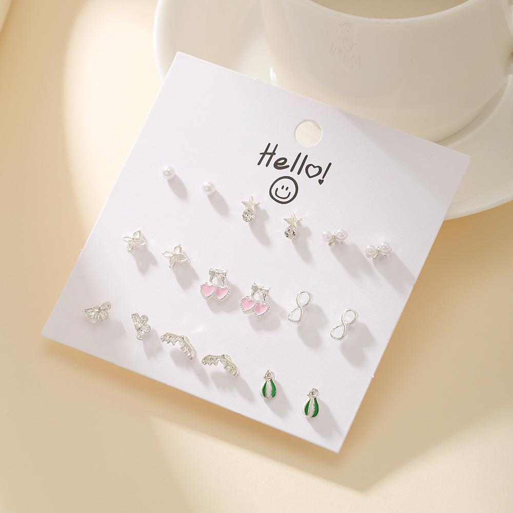 Premium 9-Pair Stud Earring Set Daily Princess Style Heart Flower Alloy Earrings for Women Ships within 18 Hours