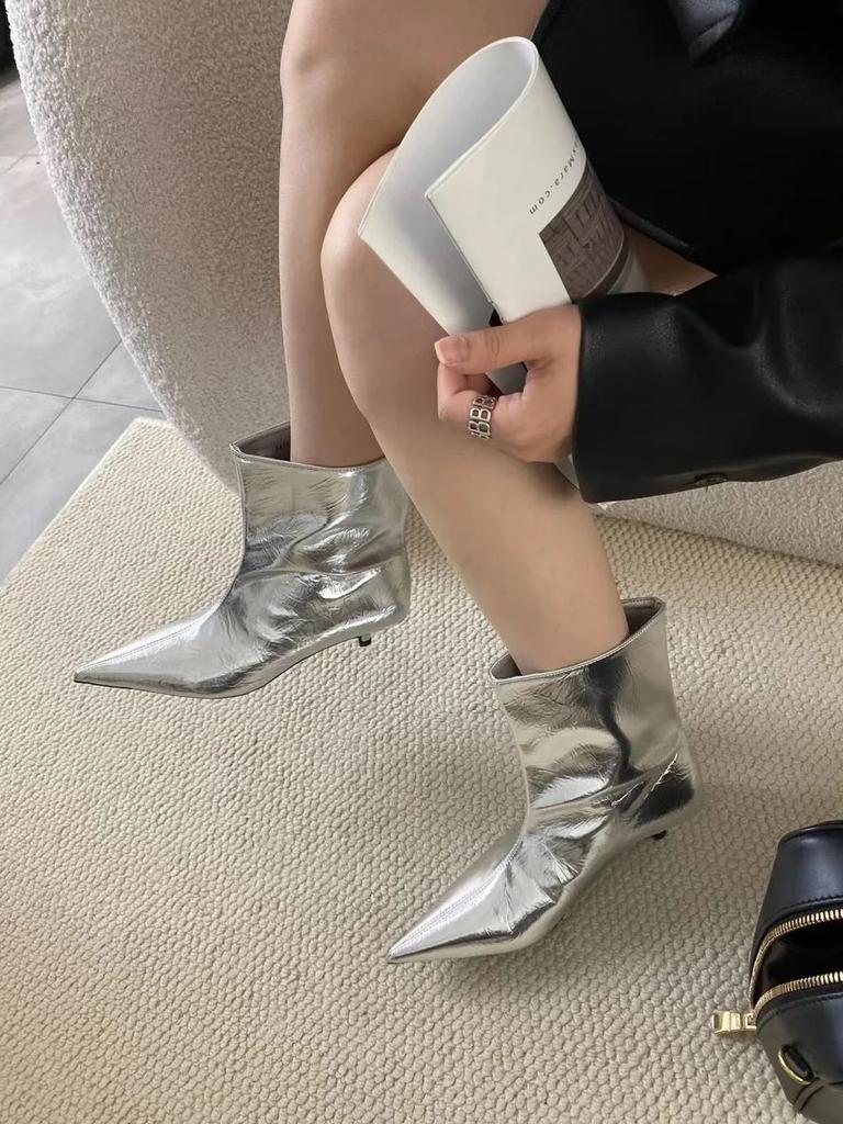 fashion Pointed Toe Women Ankle Boots 2024 New Arrivals Shallow Slip On Black Silver Winter Autumn Party Pumps Shoes Woman Size 35-39