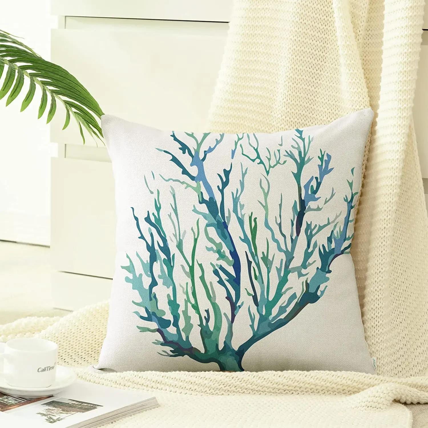 

Sea Coral Tree Blue Teal Cushion Cover Shell for Bed Sofa Home Decoration Aquarelle Painting Print Pillow Case InchesCoral B, 66x66cm