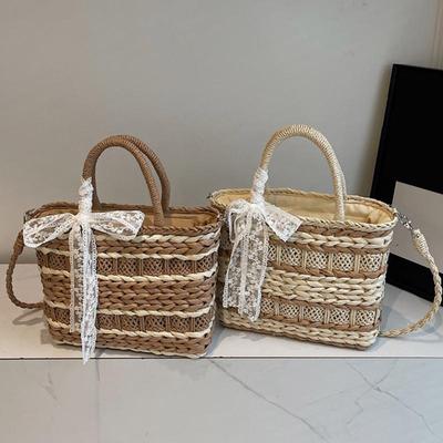 Travel Holiday Lace Braided Top Handle Bucket Shoulder Bag Large Capacity Summer Beach Straw Woven Handmade Crossbody Bag AVE