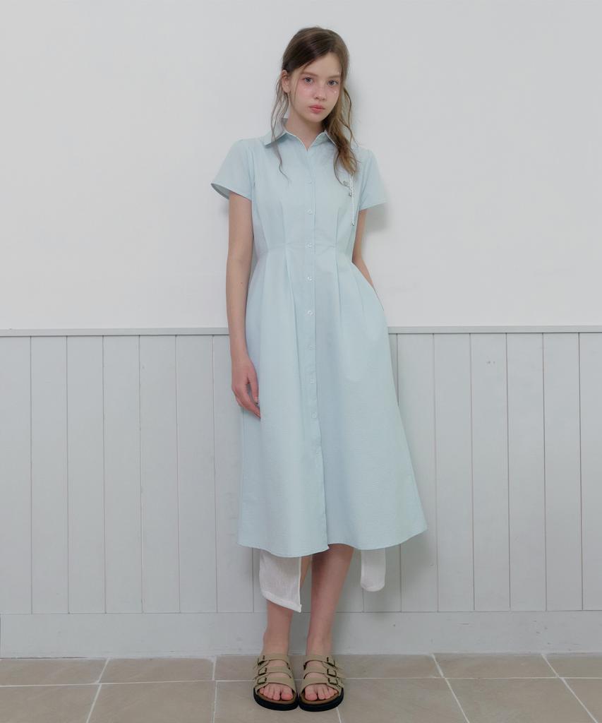 Teuwi D-Ring Open Collar Seersucker Pintuck Long Dress