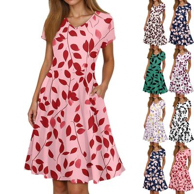 Ladies Summer Fashion Casual Floral Print V-Neck Short Sleeve Pocket Dress