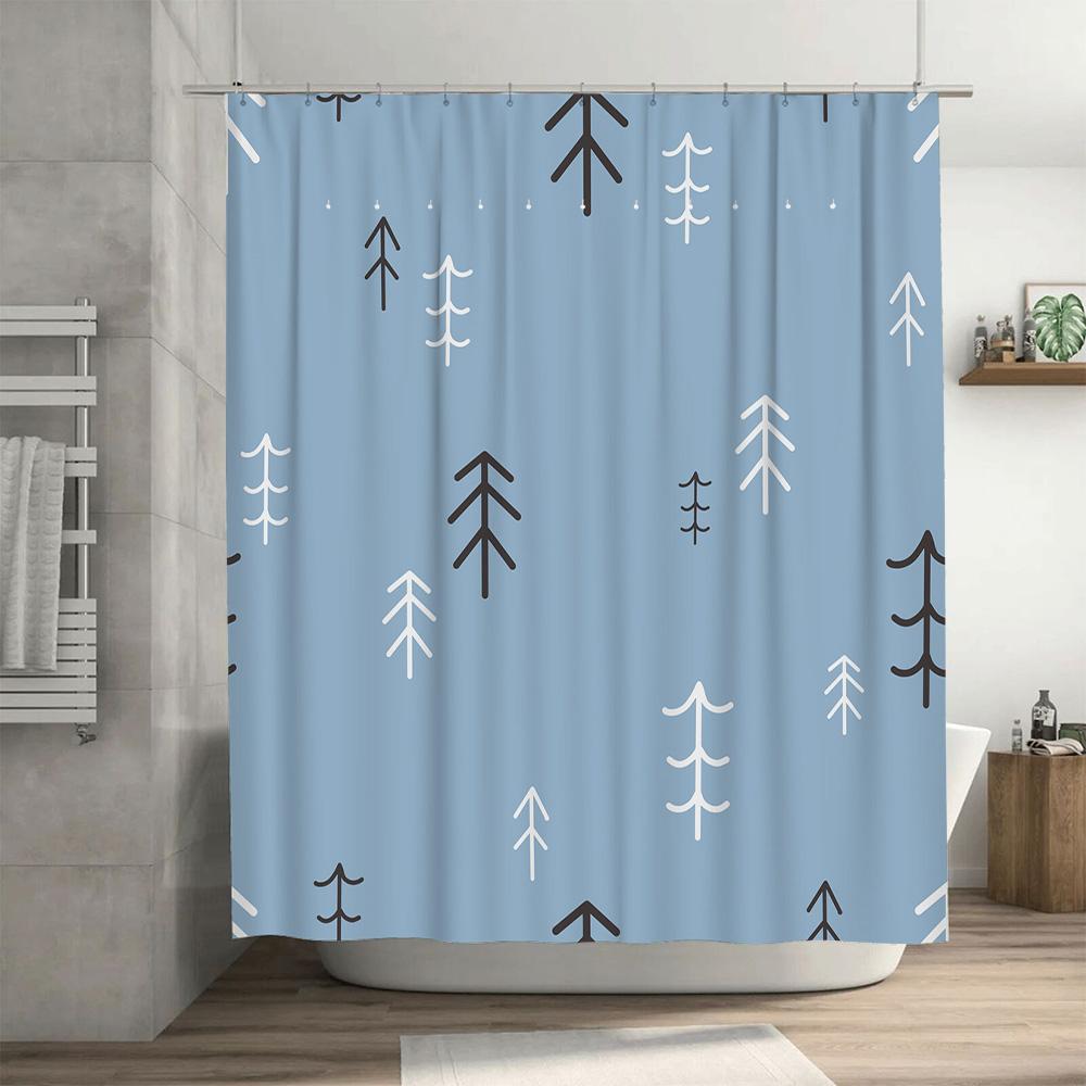 Modern Bathroom Shower Curtain Nordic Forest Print Pattern, Waterproof Fabric, Easy Cleaning, Room Decor Accessories For Home Ba