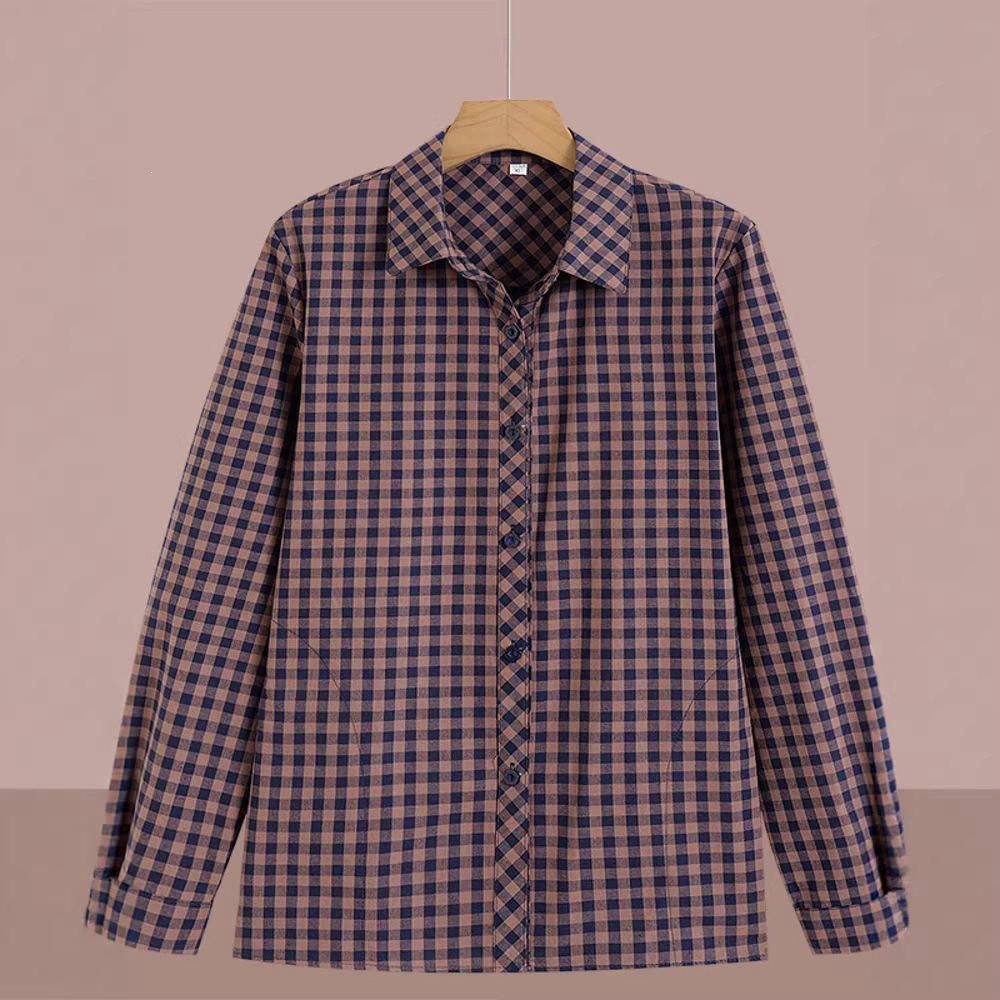Spring/Autumn Plaid Loose Long-Sleeve Shirt for Women Aged 50-60