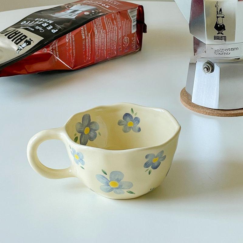 Korean Style Flower Milk Tea Cup, Handmade Ceramic Coffee Cup, Unique Irregular Design, Breakfast Tea Cup