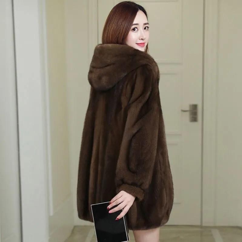 Women's Imitation Mink Fleece Fur Coat Hooded Mid-length Thick Mink Coat Loose