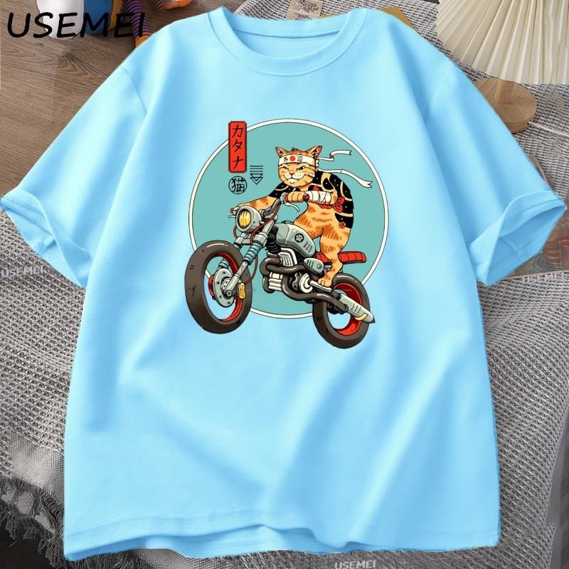 Cat Motorcycle T Shirt Casual Cotton Short Sleeve Tshirt for Unisex Japanese Style Vintage Graphic Tees Unisexs Clothes Streetwear