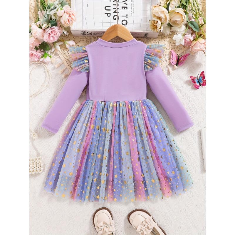 Girls Spring and Autumn Lotus Leaf Shoulder Long Sleeve Unicorn Print Dress Hem Symphony Mesh Skirt