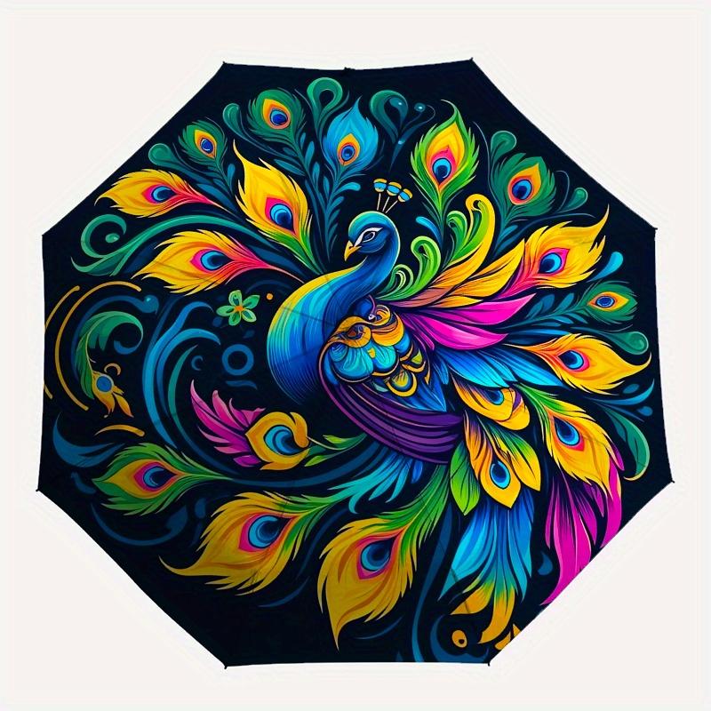 Peacock, Artwork Automatic Folding Umbrella 8 Ribs, Durable Iron Frame, Bright Color Pattern Compact Travel Umbrella, Suitable for Outdoor,