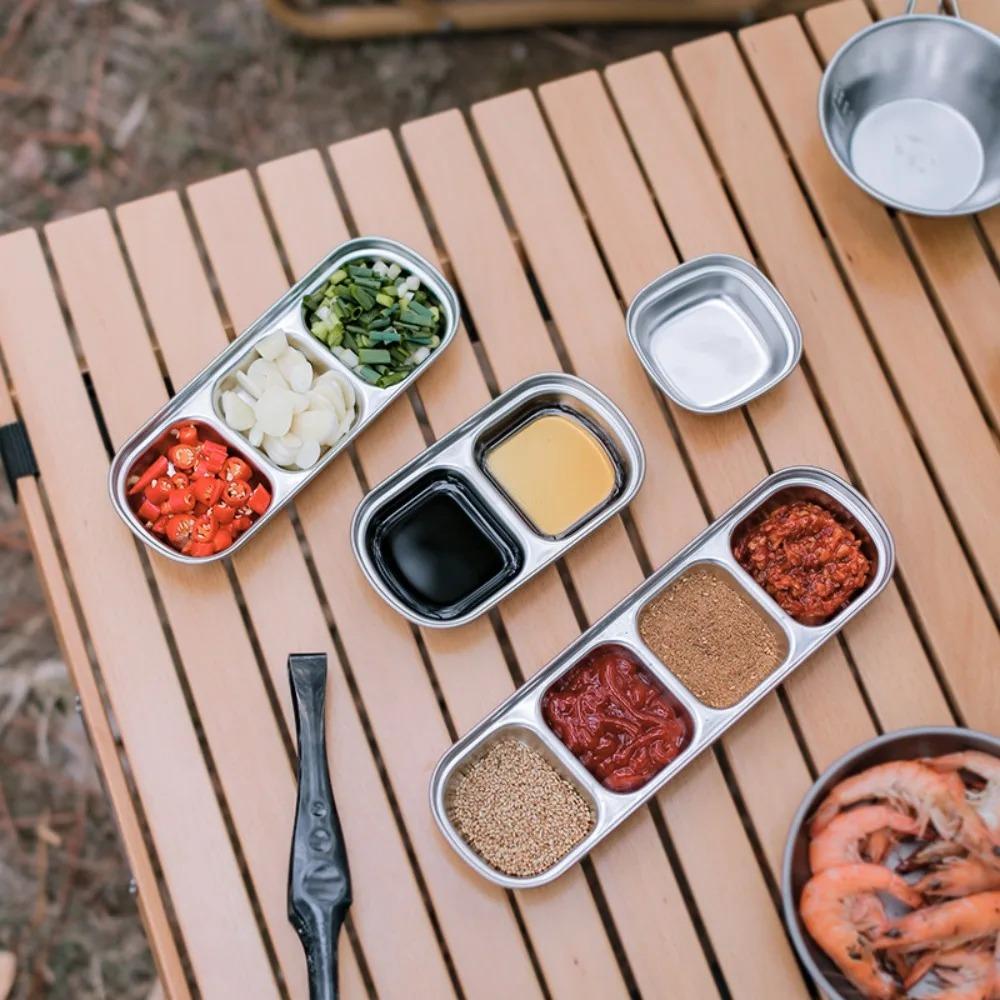 1PC Stainless Steel Multi Grid Seasoning Dish Partitioned Sauce Container Portable Dipping Bowl for Outdoor Camping Kitchen