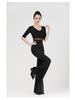 Women's V-Neck Short Sleeve Dance Outfit with Black Flared Pants