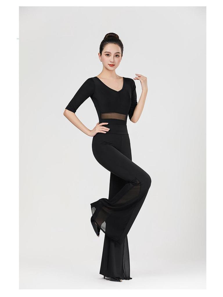 Women's V-Neck Short Sleeve Dance Outfit with Black Flared Pants