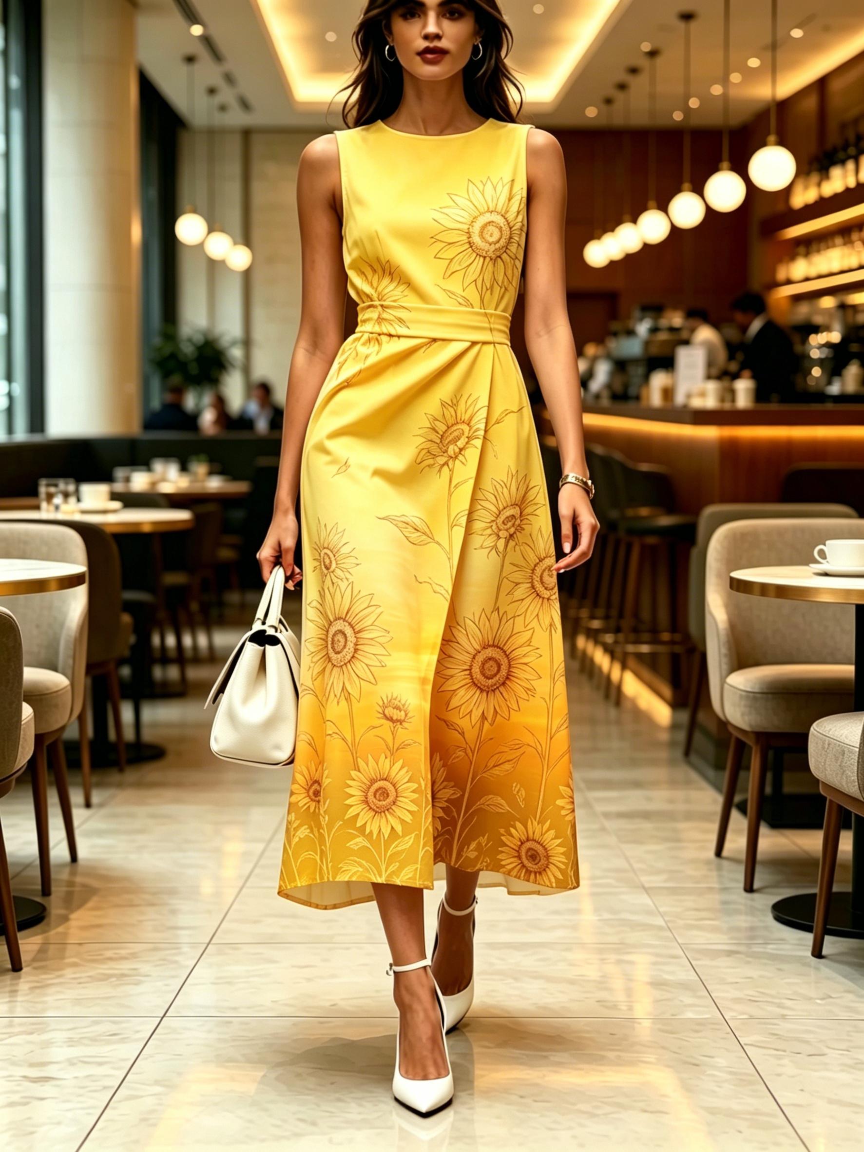 

Round neck sleeveless midi dress with sunflower print yellow color modern elegant casual fashionable womens clothing for spring summer and autumn XXS