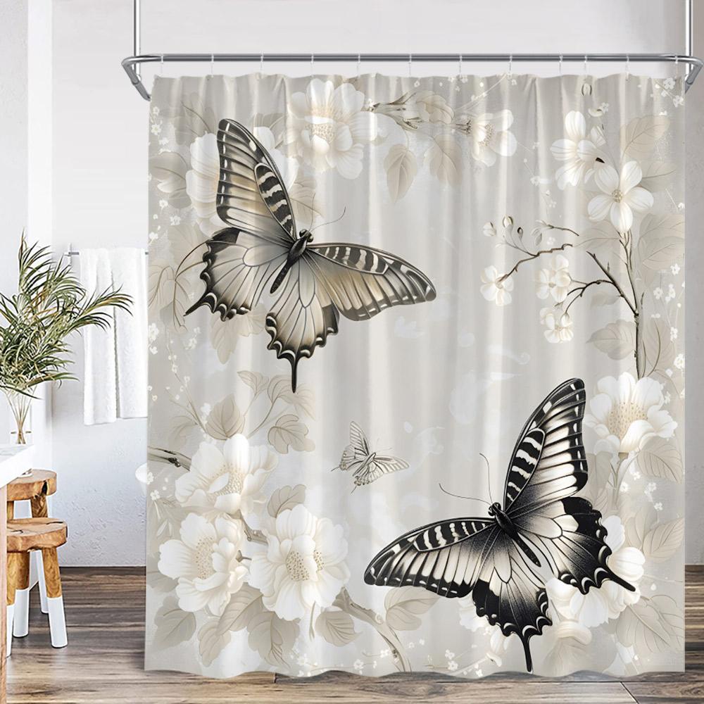 Butterfly Shower Curtains Multicolored Flowers Pastoral Floral Bathroom Decorations Rustic Polyester Bath Curtains with Hooks