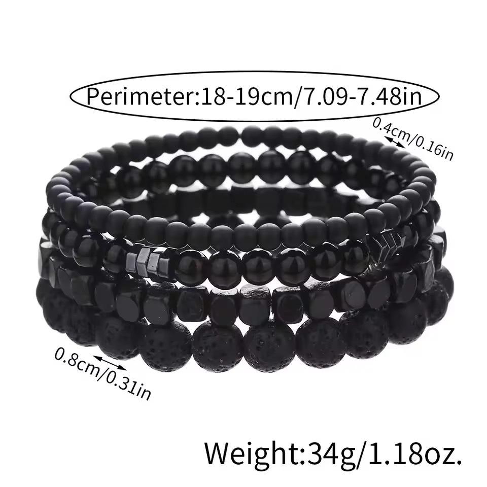 4 Pièces/Ensemble Pierre de Vésicule Biliaire Noire Pierre Volcanique Perles en Bois Combinaison Multicouche pour Hommes Bracelet Élastique Pour Couple Amis Bijoux
