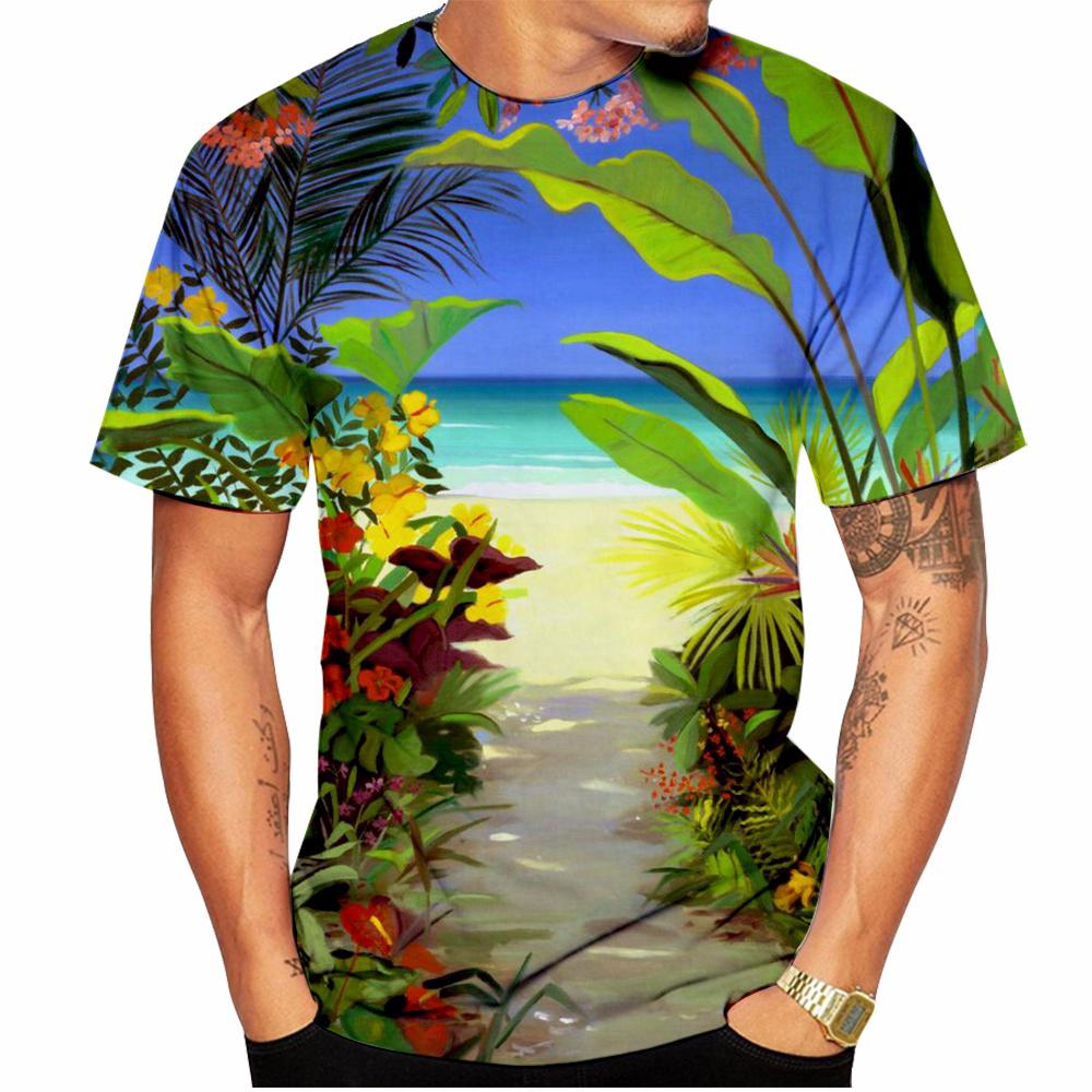 Summer Hawaiian Scenery 3D T-Shirt, Street Fashion Men's Stylish Loose Fit Round Neck Short Sleeve Top
