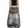 Jeans a gamba larga larghi stile strada americana retrò ricamo a punto croce disordinato design a macchie vento deserto scimitarra marea