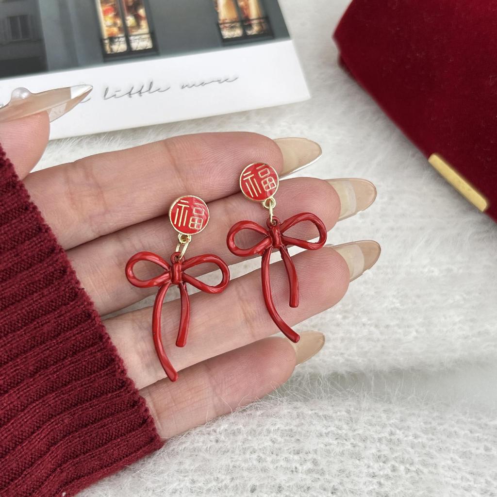 Red Bow Drip Oil Earrings: 925 Sterling Silver Autumn/Winter Studs for Women