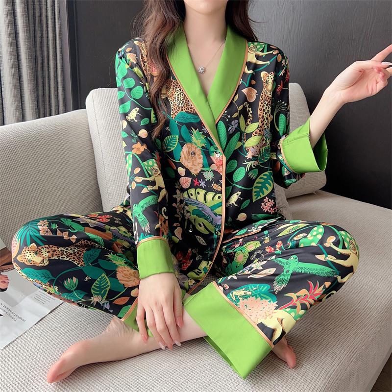 Animal Flower Silk Soft Chinese Style Pajamas Set for Women Luxury Fashion Soft V-neck Home Suit Sleepwear Casual Pajamas