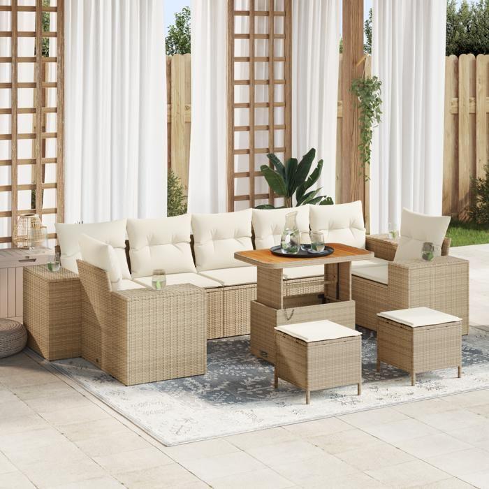 Ensemble de canapé de jardin 10 pièces avec coussins beige en poly rotin acacia, Ensemble de salle à manger de jardin 3 3363941