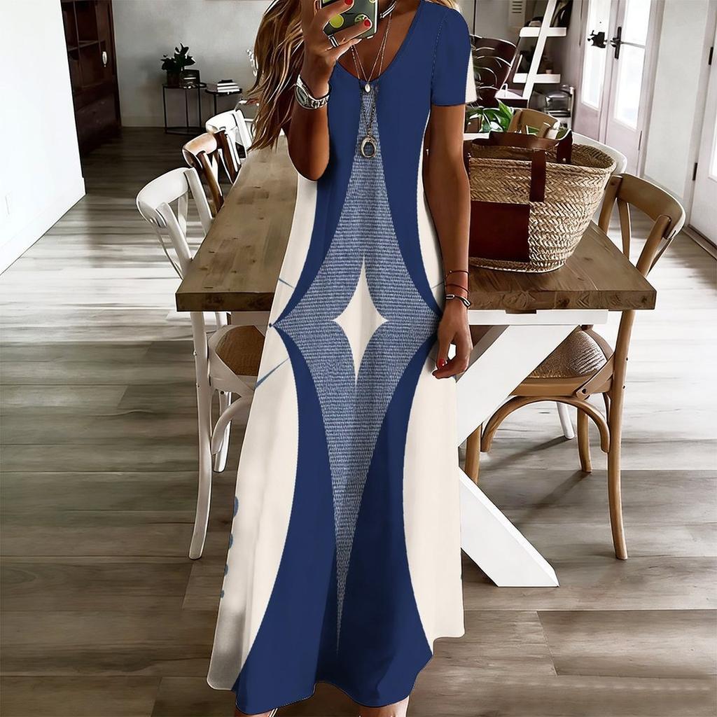 Women Plus Size V Neck Short Sleeve Printed White Straight Maxi Dress