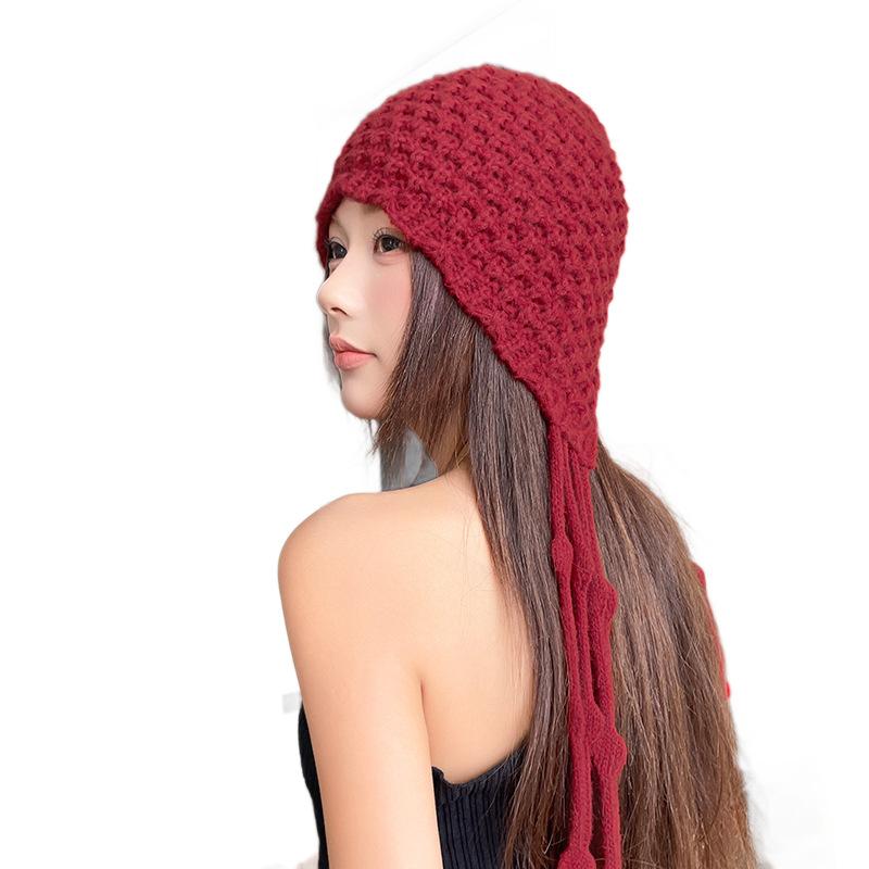 Warm Ear protecting Woolen Hat Autumn and Winter Hand Knitted Hollow Baotou Hat Women's Ethnic Style Tassel Pullover Knitted Hat