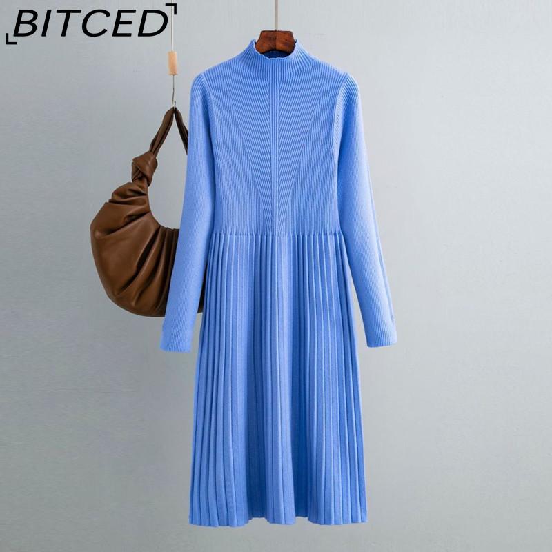 BITCED Women's Autumn Winter Plain Knitted Turtleneck Long Sleeve High Waist Sweater Dress