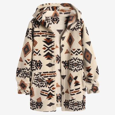 New Women's Overcoat Jacket European American Style Single-breasted Ethnic Printed Fleece Mid Length for Autumn Winter Coat