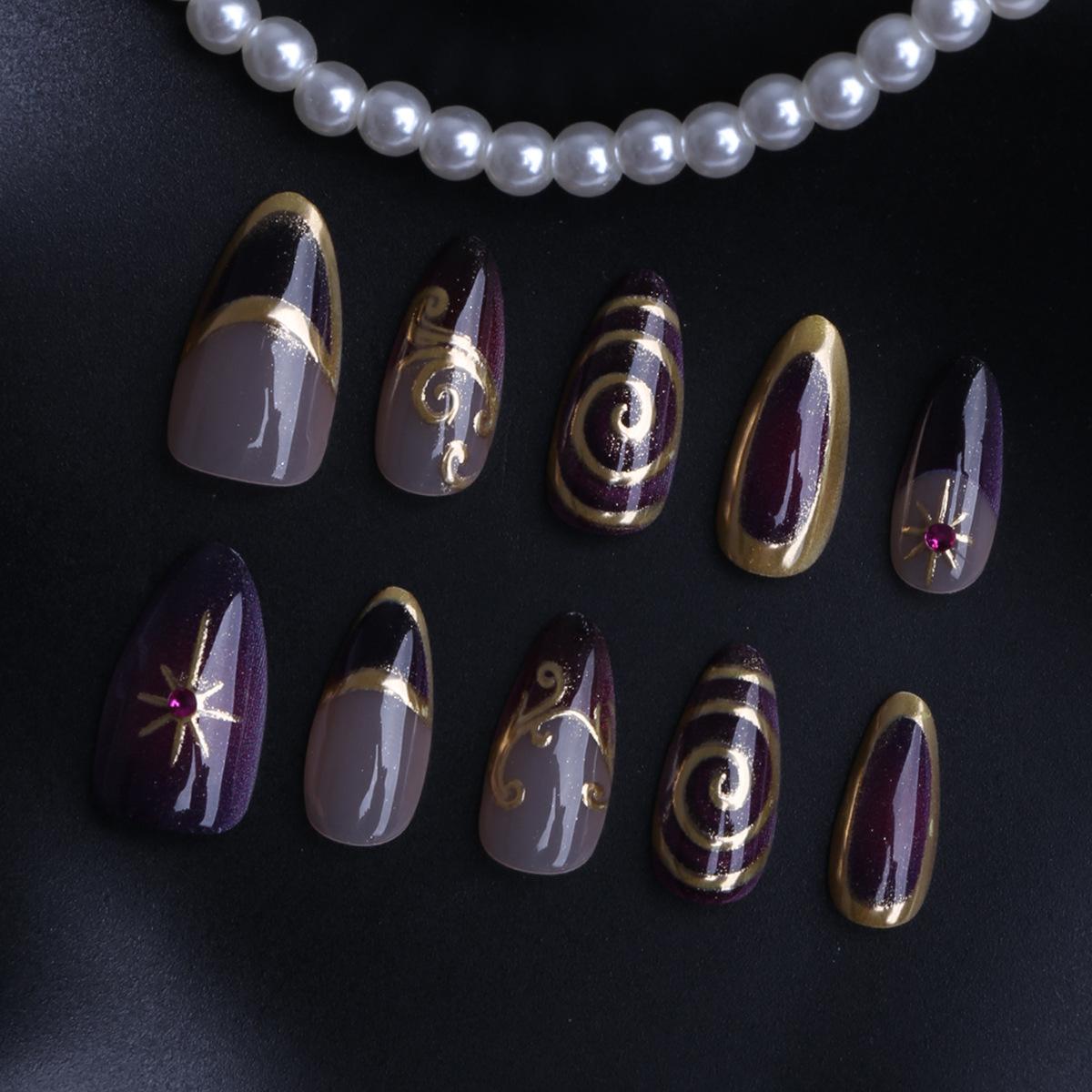 30 pieces of almond-shaped cross-star gilded purple wearable high-end nail art fake nails are hot-selling S-M-L Code30Jelly Glue Ta