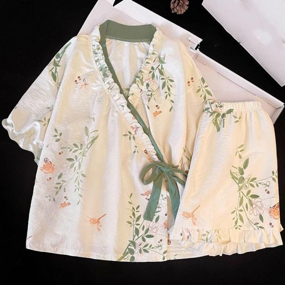 Chinese Style Lace Up Pajama Suit Flower V-Neck Shorts Sleeve Nightwear Women Homewear Loose Two Pieces Sleepwear Sets Home