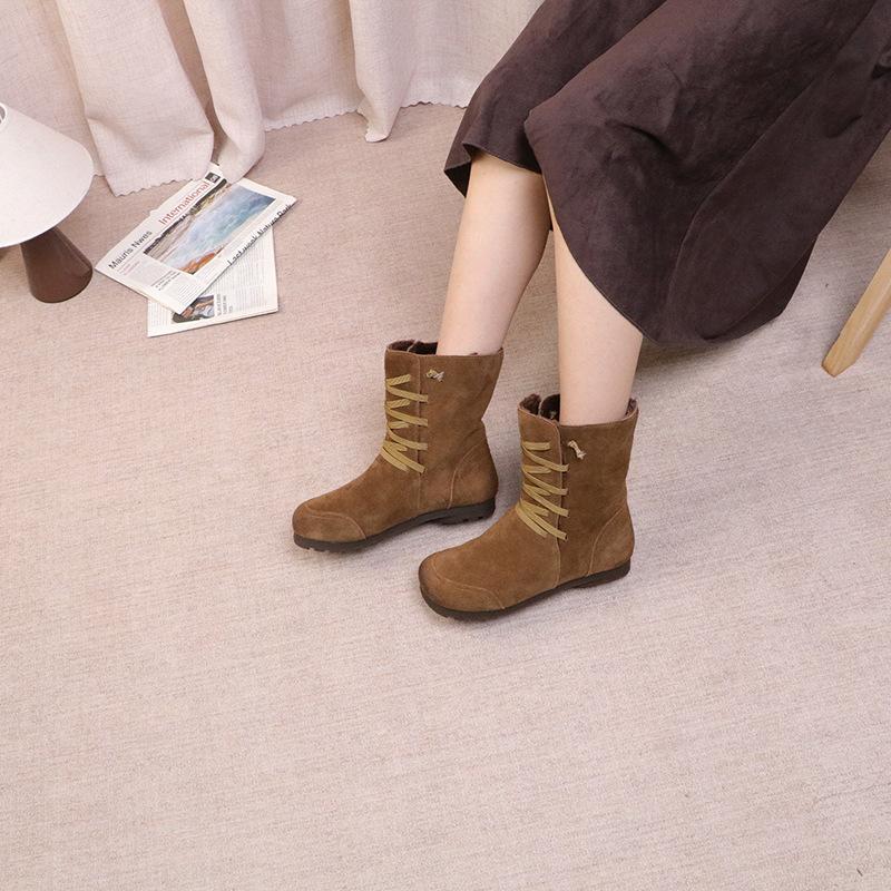 Johnature Plush Cow Suede Plush Women's Mid-calf Boots Retro Lace-up Warm Flat Bottom Snow Boots
