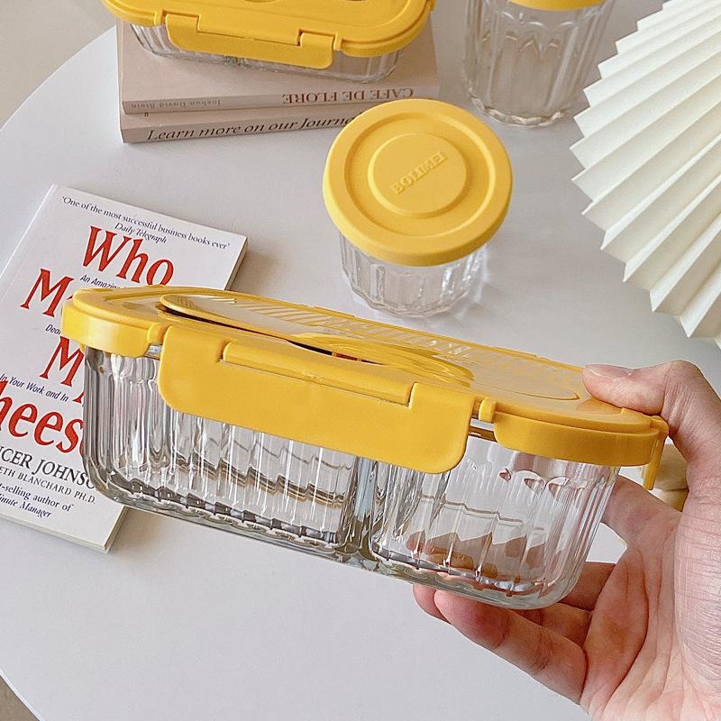 High Borosilicate Glass Lunch Box,Two/Three Compartments Lunch Box with Cutlery, Fruit Storage Jar, Microwavable Crisper