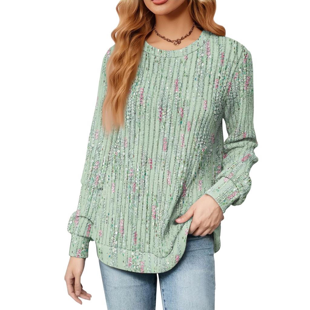 Fashionable Women's Long Sleeved Gradient Floral Print Lightweight Sweater With Loose Round Neck Top