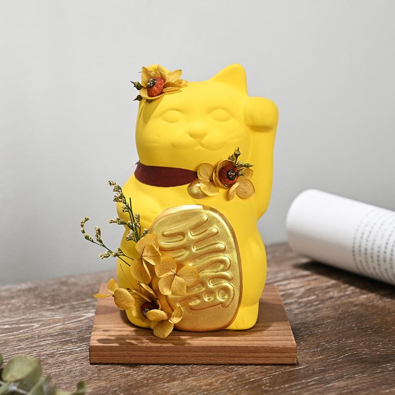 6 Inch Colorful Maneki Neko Ceramic Fortune Cat With Wooden Stand Preserved Flower Collective Lucky Cat Gift Decoration Ornament