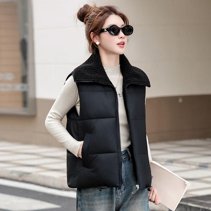Colete Cardigan Cor Sólida com Bolso com Zíper Estilo Coreano Jaqueta de Lapela Colete Versátil Moda Outono e Inverno Top Solto