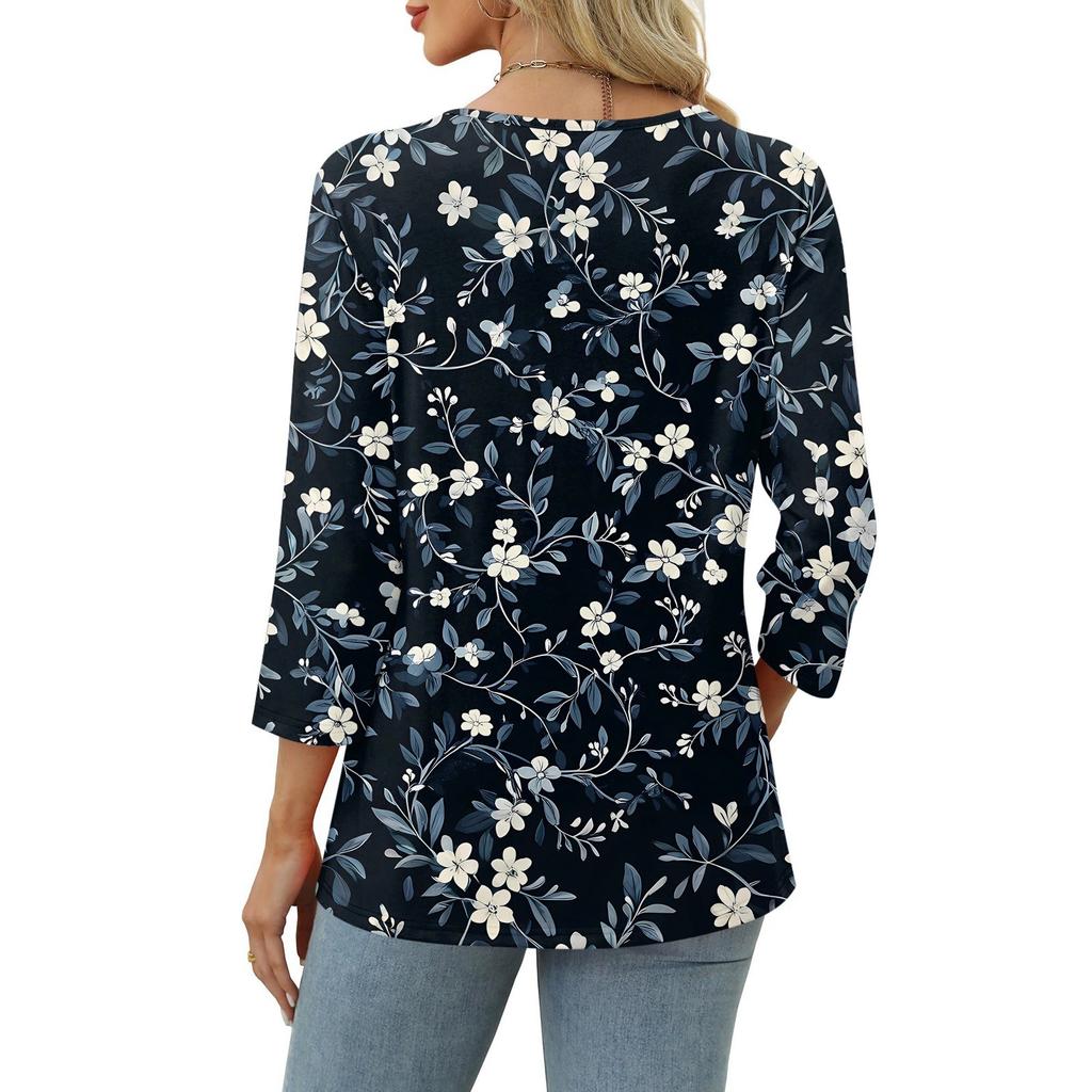 Women's Print Top Button-down V-neck T-shirt 3/4 Sleeve Loose Fashion Top