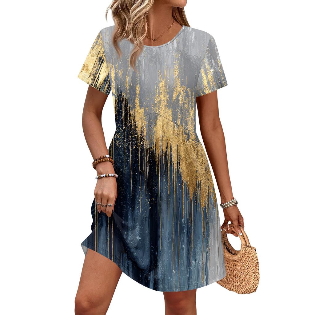 Dresses For Women Short Sleeve Print Round Neck Casual Dresses Waist Dress With Pockets