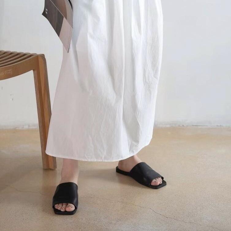 Sheepskin~ Korean version of square head with flat-bottomed slippers, women's summer wear simple leather soft-soled open-toed cool slippers
