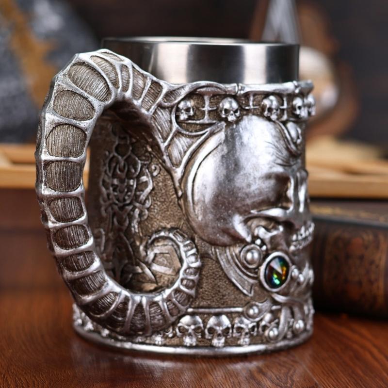 Unique Sheep Horn Skull Pattern Stainless Steel Coffee Cup Thermal Insulation Travel Mug with Ergonomic Handle
