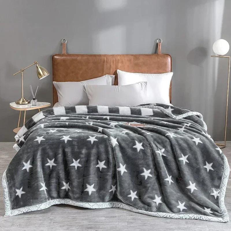 Double Sided Printed Autumn Winter Blankets for Bed Soft Warm Encrypted Flocking Raschel Blanket Skin Friendly Weighted Blanket