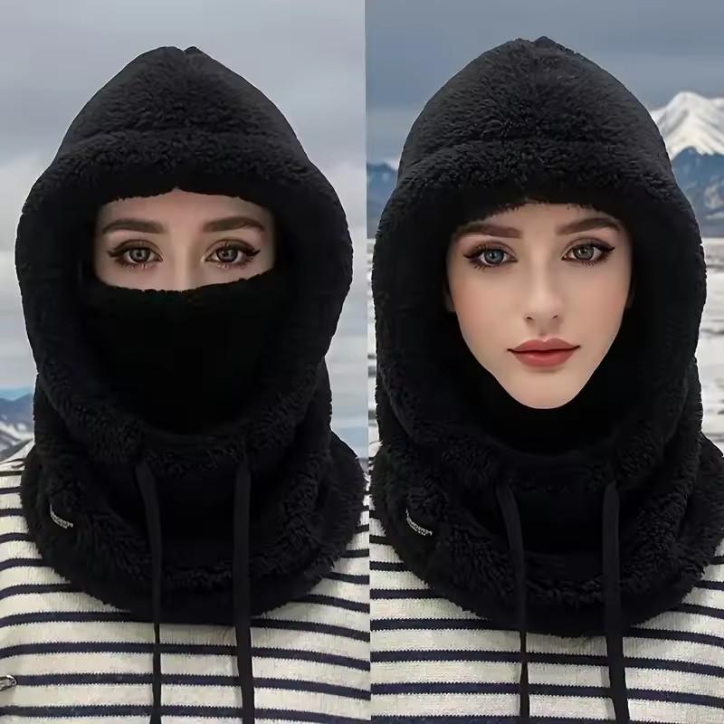 Winter Plush Balaclava Hat for Women Ear Protection Adjustable Drawstring Thick Warm Integrated Outdoor Motorcycle Riding Hat