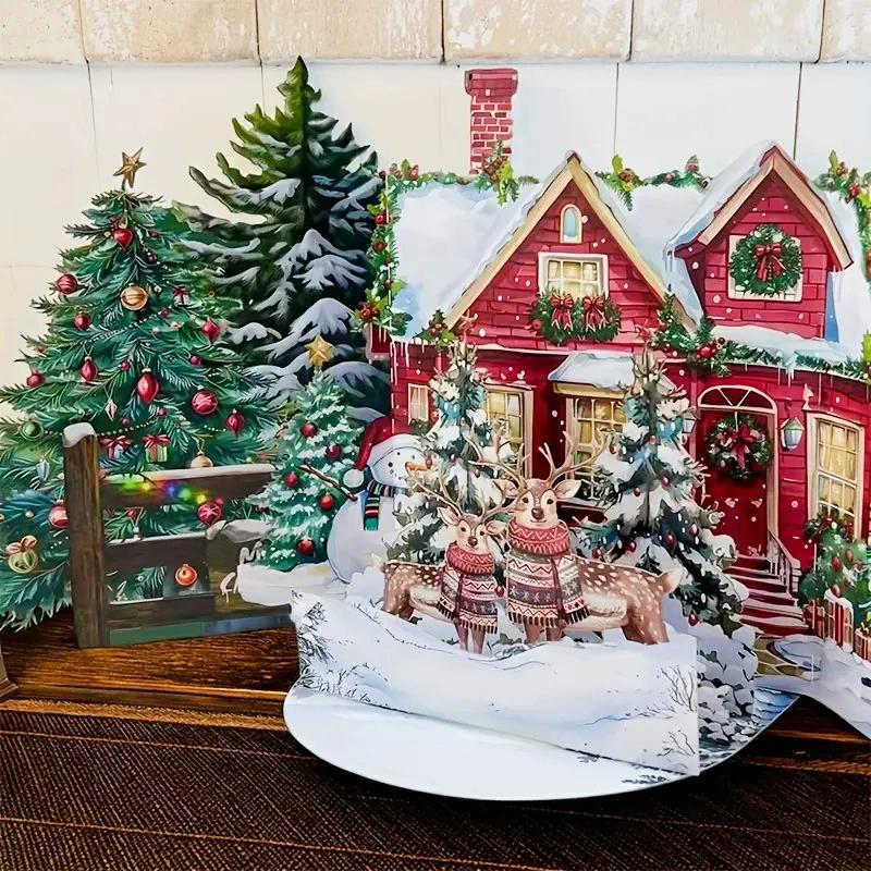 3D vánoční přání Scéna Noc před Vánocemi s Santa Clausem, sobem, zasněženou vesnicí Sváteční sváteční přání
