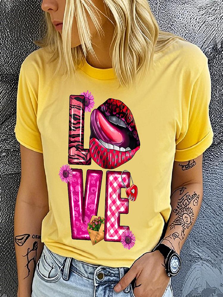 Polyester 100% Lip Love Men's and Women's Short-sleeved Clothing Round Neck Short Sleeve T-shirt, Knit Graphic Women Clothes Summer