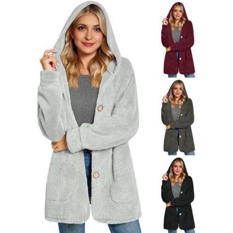 Manteau Long Décontracté en Polaire pour Femme Veste à Capuche Sherpa Oversize avec Poches Bouton Duvet Vêtement d'Extérieur Moelleux
