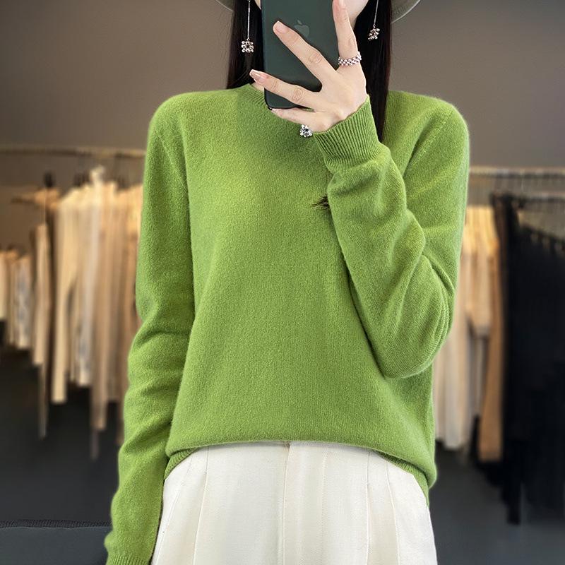 Women's 100% Wool Round Neck Sweater – Casual, Loose Knitwear, Minimalist Base Layer