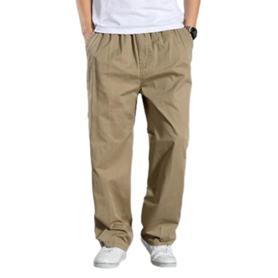 Men Cargo Pants Spring Fall Elastic Waist Drawstring Solid Color Casual Loose Large Pocket Soft Male Straight Wide Leg Trousers Menswear